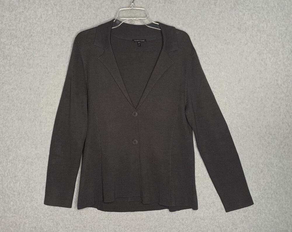 Eileen Fisher Women's M Charcoal Silk Cotton Knit Blazer Two Button Jacket